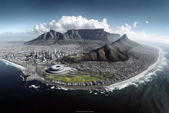 Aerial panorama of a coastal city with a flat-topped mountain and cone-shaped peak, modern circular stadium, green parks and sweeping shoreline under dramatic clouds, evoking awe