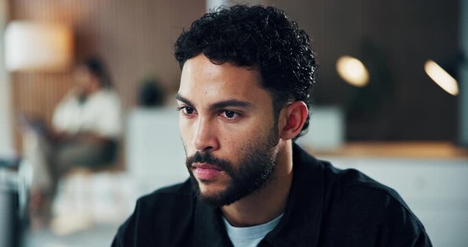 Creative, man and thinking with computer, office and planning for campaign, serious and copywriting. Coworking, employee and person with tech for article, reflection and email marketing with ideas