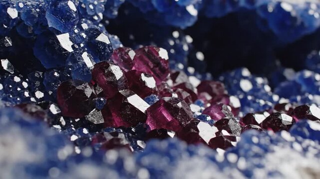 Close-up of Blue Sapphire and Ruby Crystals in Geode