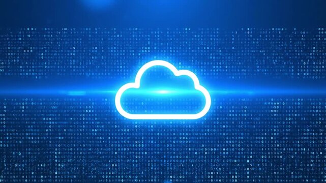 Digital cloud computing icon with glowing blue light streak over a background of abstract binary code data flow, representing internet storage and network technology.