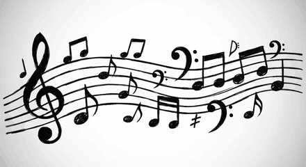 Hand-Drawn Musical Notes and Symbols on Staff Lines, Dynamic Music Concept