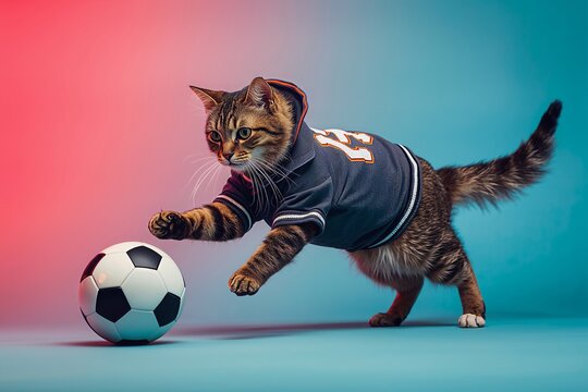 A cat wearing a sports jersey runs toward a soccer ball on a colorful background. The scene shows the cat in action during playtime at home.