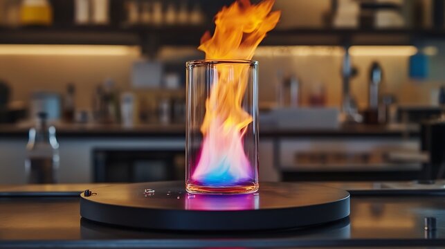 Vibrant, multicolored chemical flame burns intensely inside a tall, clear glass cylinder creating a captivating visual effect for scientific demonstration.