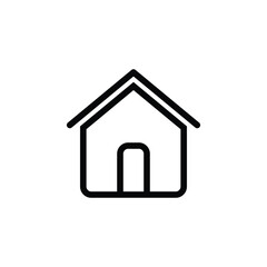 A simple black line icon of a house with a triangular roof and doorway