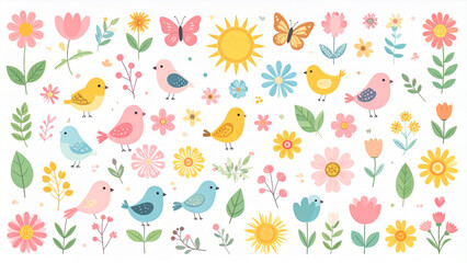 Obraz premium Colorful Spring Garden Vector Illustration Set with Birds, Flowers and Nature Elements