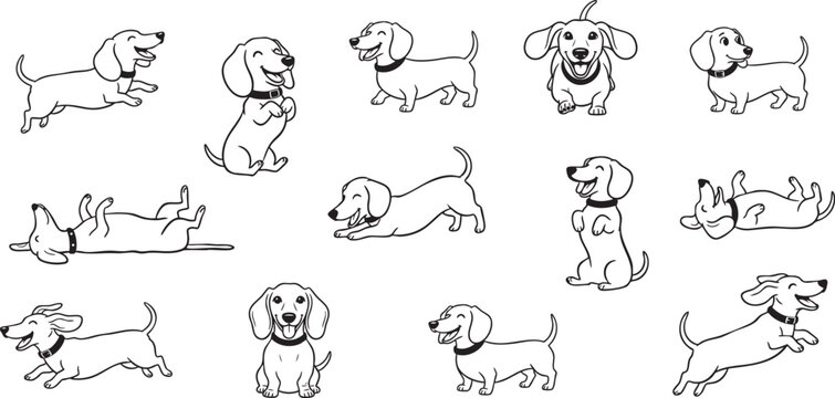 Funny Dachshund Dog Poses Collection, Black Line Art Vector Style Minimalist Canine Illustrations for Coloring Pages, Logo Design, and Pet Graphics