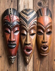 Three carved wooden African masks with unique colors and patterns hang on a rustic wooden wall