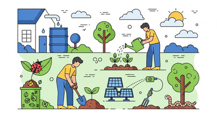 Obraz premium Eco friendly living concept with people planting trees and solar panel sustainable energy