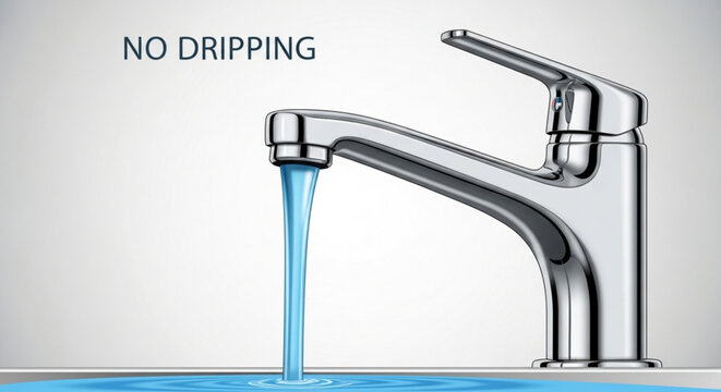 Modern faucet with steady stream of water and no dripping on clean white background