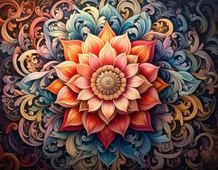 Intricate floral bloom with swirling ornate details, colorful petals radiating from the center