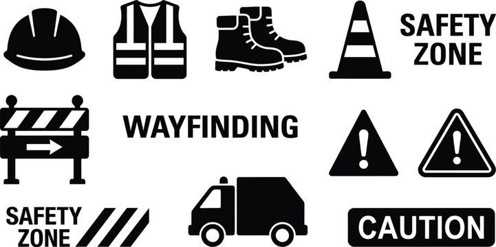 Construction site safety wayfinding icons and signage set