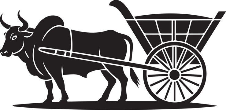 Bullock cart silhouette illustration, traditional rural ox cart transportation with wooden carriage, village farming culture and heritage travel concept isolated on white