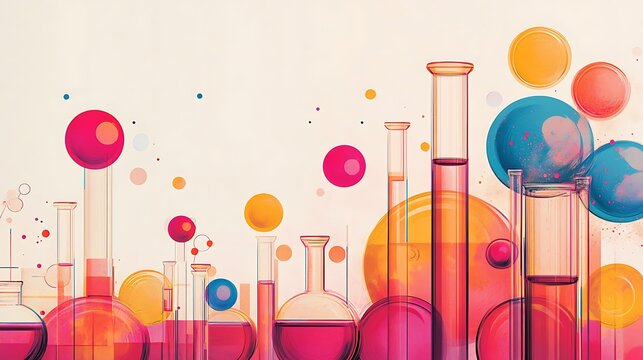 Abstract composition featuring vibrant pink and orange laboratory glassware, including various test tubes and flasks filled with colorful chemical solutions.