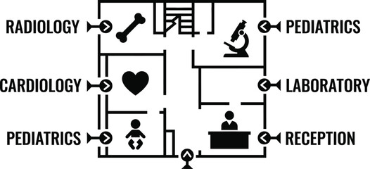 Fototapeta premium Wayfinding signage in a minimalist hospital corridor interior