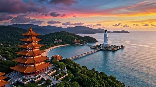Nanshan Guanyin statue and temple at sunset over tropical bay