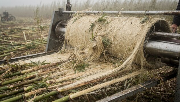 Medium shot of fieldretted hemp bast fiber decortication highlighting natural fiber separation influenced by outdoor humidity with mechanical tools gently processing the plant
