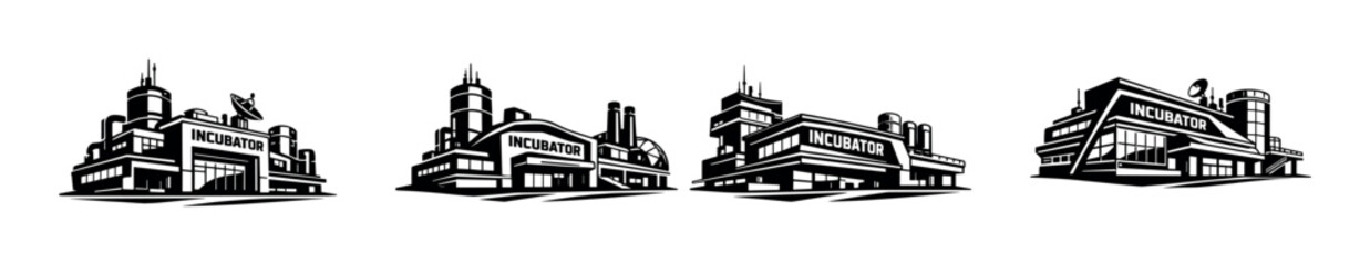 Obraz premium Industrial vector icons set - factory buildings collection, manufacturing symbols