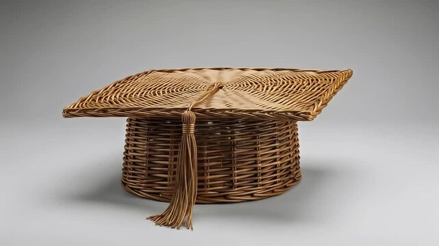 Woven graduation cap, made from wicker, with a tassel, sits on a gray surface
