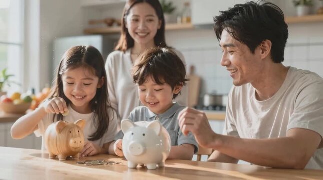 Parent teaching child to save money using a piggy bank at home. Family financial literacy, early childhood money education, budgeting skills, and smart saving habits concept for personal finance and f