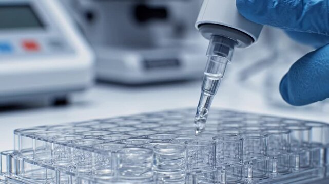 Dynamic Close-up: Gloved Hand Precisely Pipetting Liquid into Multi-Well Plate for Scientific Research