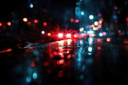 rainy urban night with blurred red taillights and colorful bokeh reflections on wet street, moody cinematic atmosphere