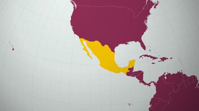 Mexico map. Animated zoom into the country on the Globe in Pale Mint Dark Pink color palette. Country logo animation with round text and airplanes. Map with meridians, parallels. Trending video.