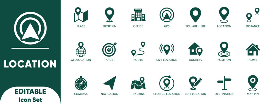 Location Solid icon set. gps, map pin, destination, Containing map, place, directions, distance, and vector collection.