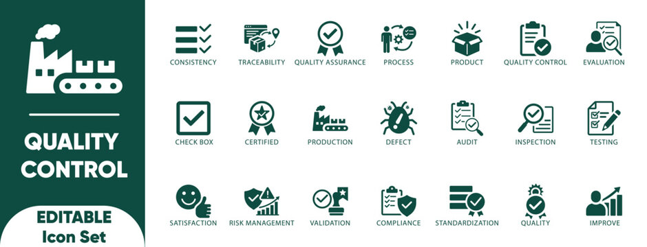 Quality control Solid icon set. evaluation, product, process, assurance, quality, testing, Containing inspection,and Solid vector.