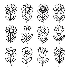 Obraz premium Twelve hand drawn simple black line flowers with stems and leaves arranged in a grid on a white background Keywords: flower
