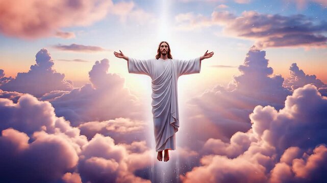 Jesus Resurrection Scene Depicting Spiritual Ascension with Divine Light and Clouds