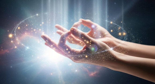 Meditative hands surrounded by glowing light and mystical energy.