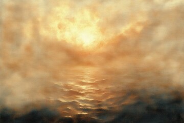 Obraz premium golden misty seascape at sunrise with glowing sky, gentle rippling waves and warm light evoking calm and wonder