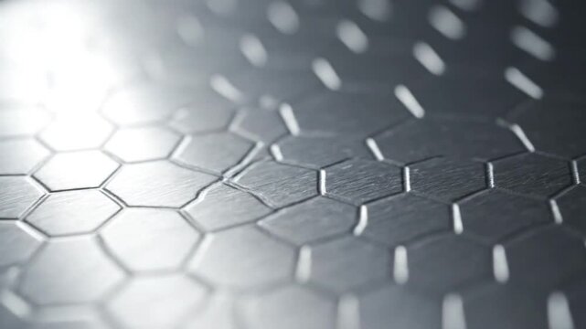 Close up view reveals a brushed metallic surface featuring an embossed repeating pattern of small, connected hexagonal shapes catching the light beautifully.