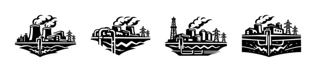 Industrial energy vector icons set: factory, power plant, refinery symbols