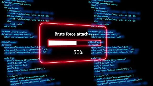 Teal brute force attack Progress Bar on a Background of Computer Code loading programming. 4k animation 