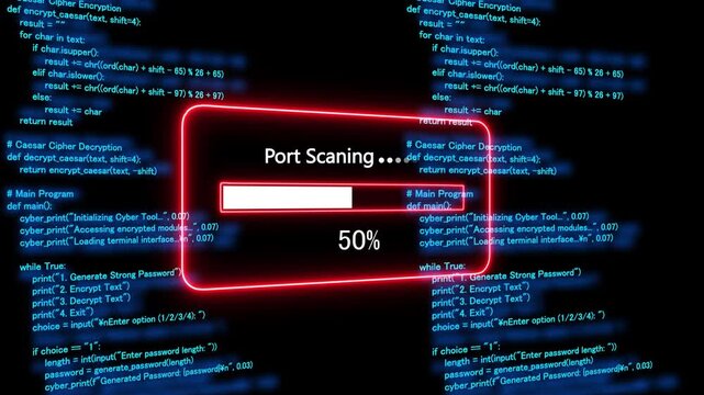Teal port scanning Progress Bar on a Background of Computer Code loading programming. 4k animation 
