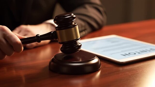 Dynamic Close-up of Judge's Gavel Striking Down on Wooden Block for Legal Decision