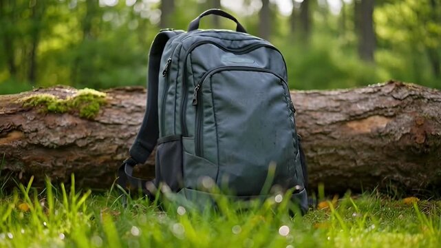 Durable backpack in forest setting with green foliage and natural lighting