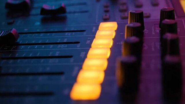 Close-up of an illuminated o mixing console with glowing faders and control