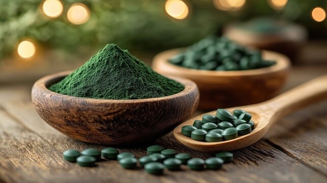 Close-up of wooden bowls and spoon holding vibrant green powder and round tablets on a rustic wooden surface with warm bokeh lights, evoking calm natural wellness
