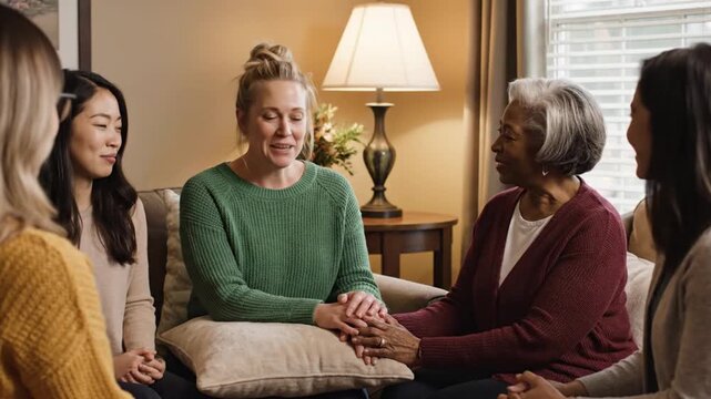 Diverse women supporting each other in group meeting at home