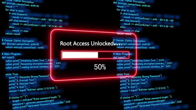 Teal root access upload Progress Bar on a Background of Computer Code loading programming. 4k animation 