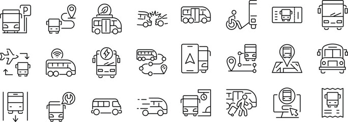 Set of outline icons related to bus. Linear icon collection. Editable stroke. Vector illustration © hadidesign