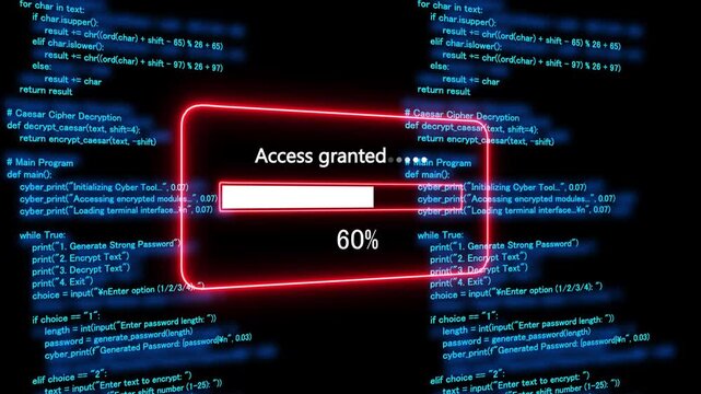 Teal access granted Progress Bar on a Background of Computer Code loading programming. 4k animation 