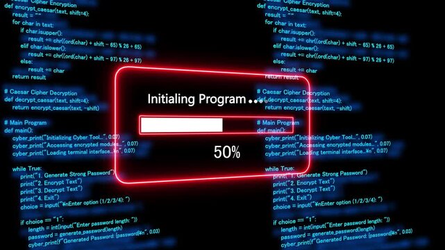 Teal decrypting files Progress Bar on a Background of Computer Code loading programming. 4k animation 
