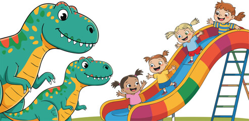 Naklejka premium Cute dinosaur characters and happy kids sliding on rainbow playground slide cartoon vector illustration collection set for children