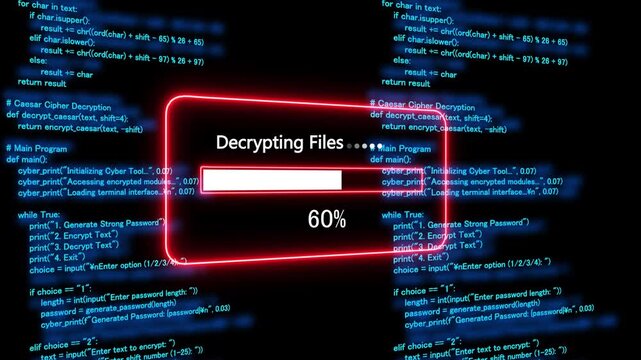 Teal decrypting files Progress Bar on a Background of Computer Code loading programming. 4k animation 