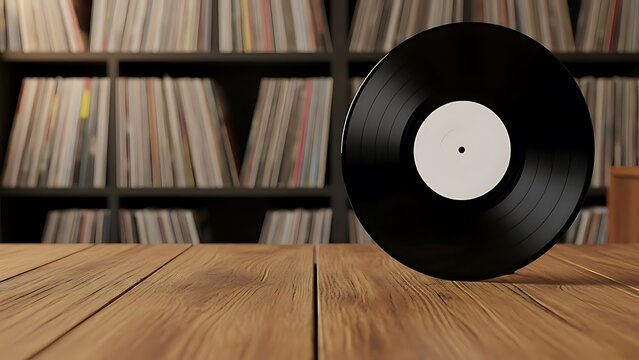 Vinyl record stands on wood surface with blurred record collection background