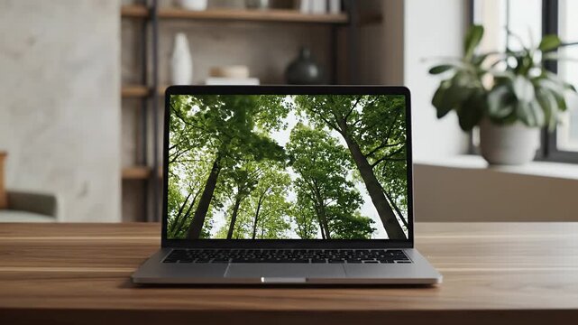 Laptop on Wooden Table Displaying Green Trees Viewed From Below in Bright Indoor Lighting