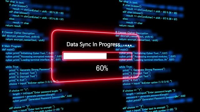 Teal data sync in progress Progress Bar on a Background of Computer Code loading programming. 4k animation 